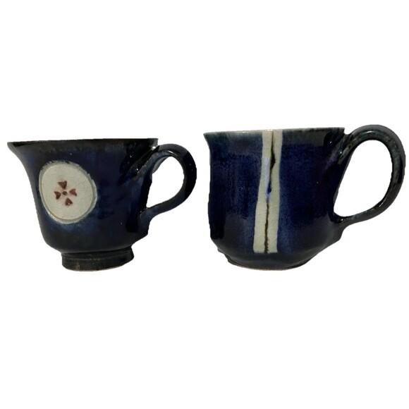 Blue stoneware mugs Other - Two VNTG STONEWARE COBALT BLUE coffee MUGS VINTAGE STUDIO ART POTTERY stamped